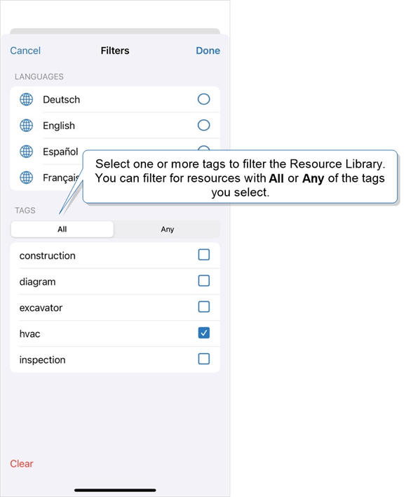 The filters menu in the Resource Library on the Mobile App. Language filters available are German, English, Spanish, and French. Tags available include construction, diagram, excavator, hvac, and inspection. The hvac tag is selected.